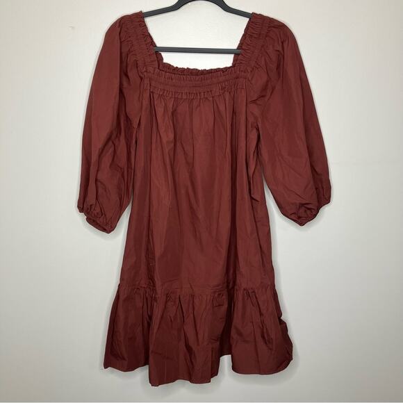 NWT MADEWELL Poplin Mini Dress Maroon Burnt Smocked Neck Small - Picture 2 of 5